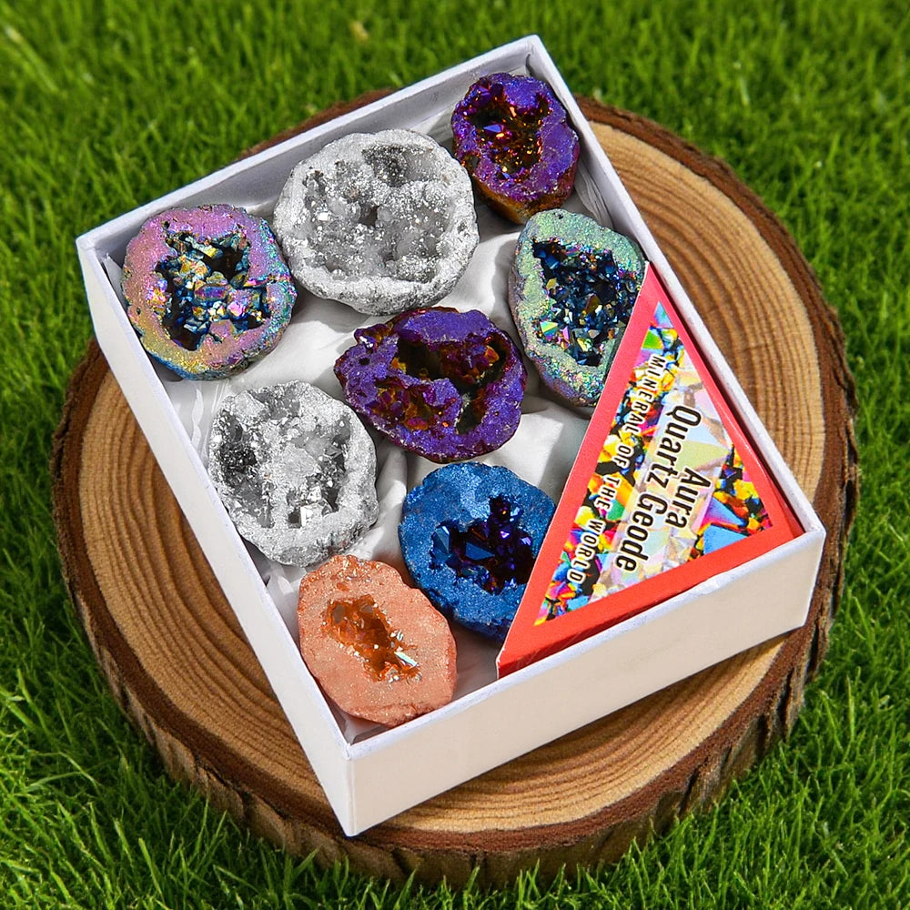 8PCS/Box Titanium Coated Natural Crystal Cluster Electroplated Agate